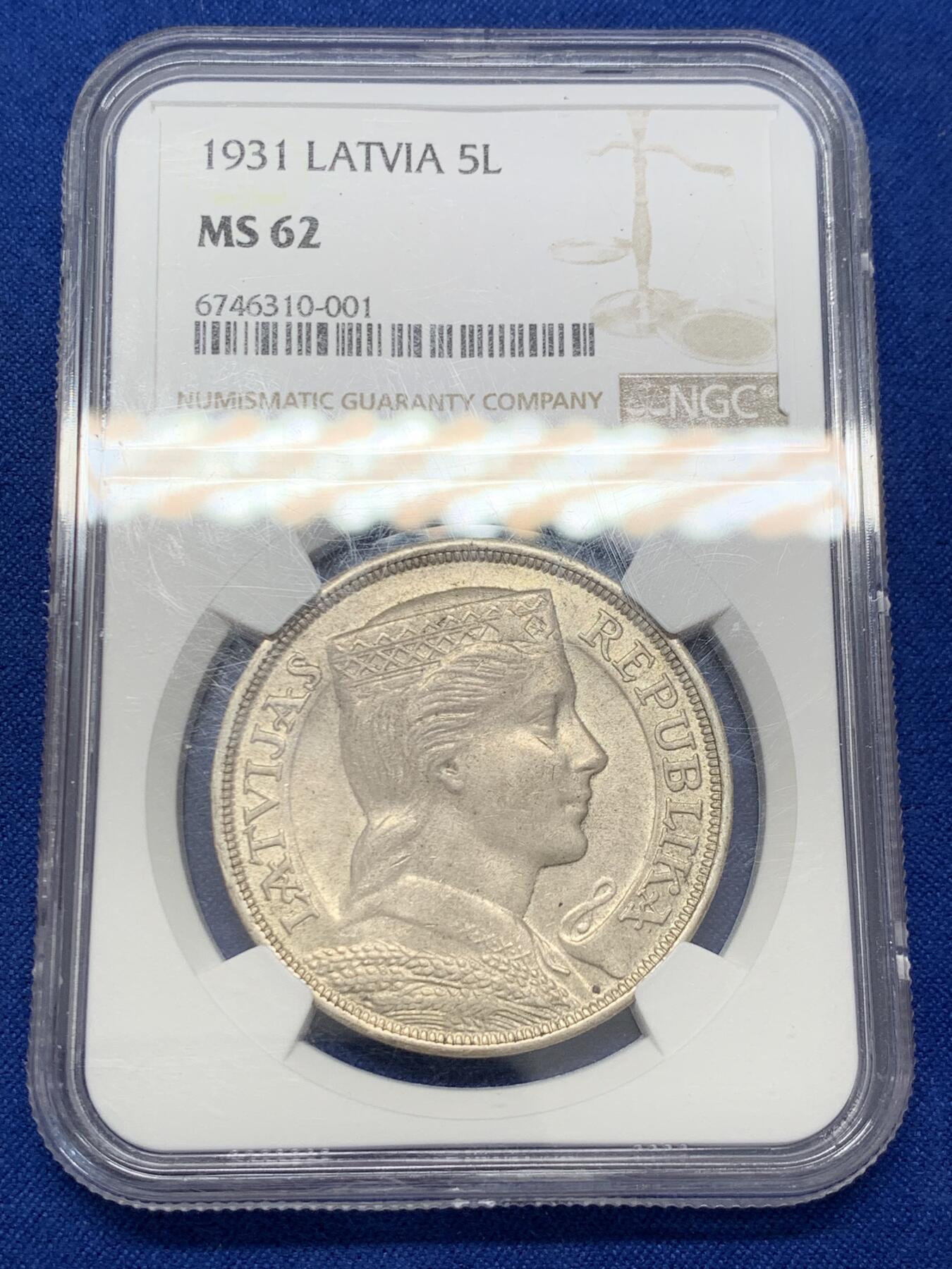 《竞宝斋》第303场   周日，周一 2场连拍 （全场包邮） NGC MS62 拉脱维亚1931年5拉特大银币