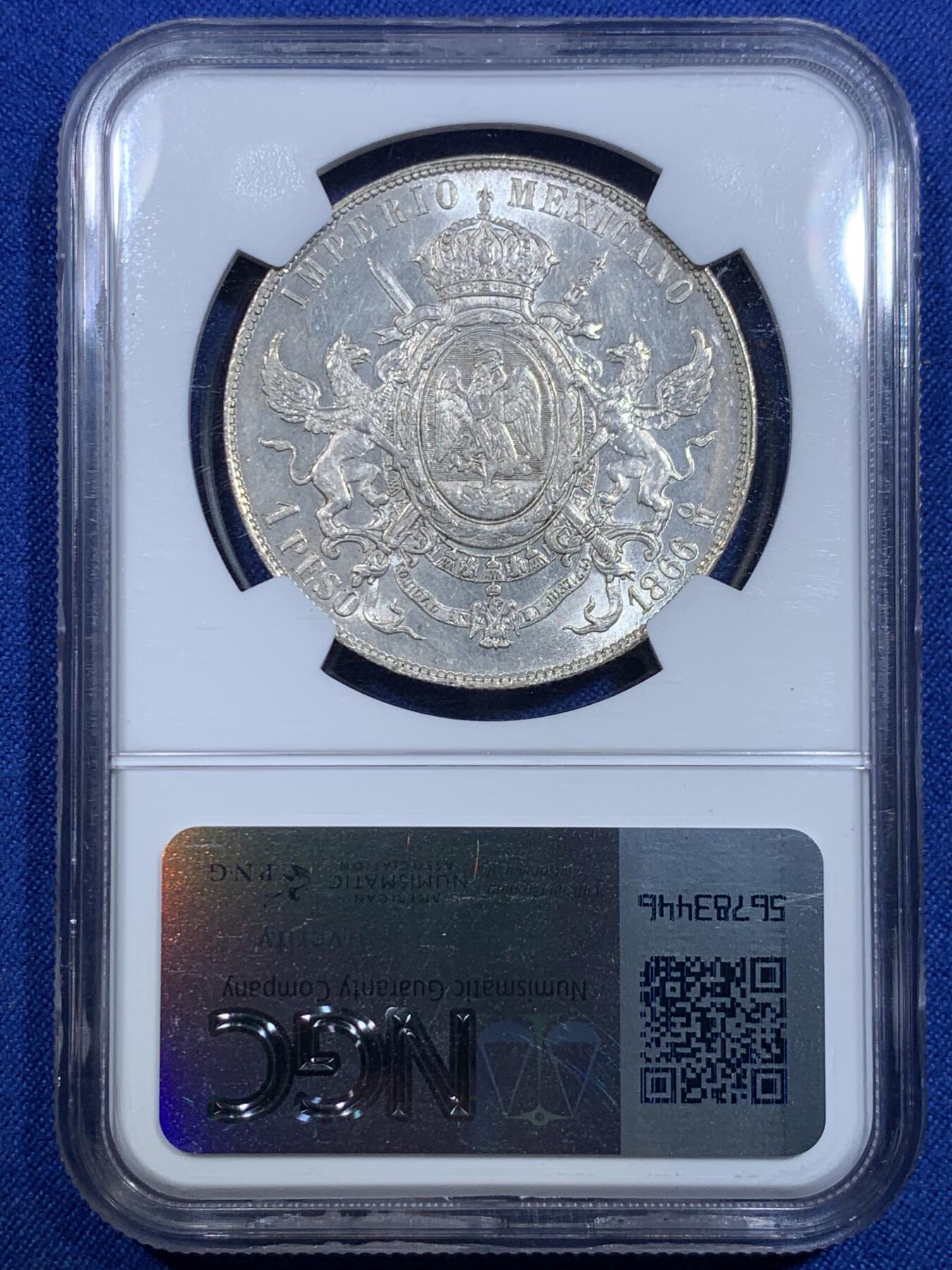 《竞宝斋》第303场   周日，周一 2场连拍 （全场包邮） NGC MS62 墨西哥 马克西米利安一世 墨西哥帝国1866年MO 1比索大银币 在位只有2年 热门稀缺品种