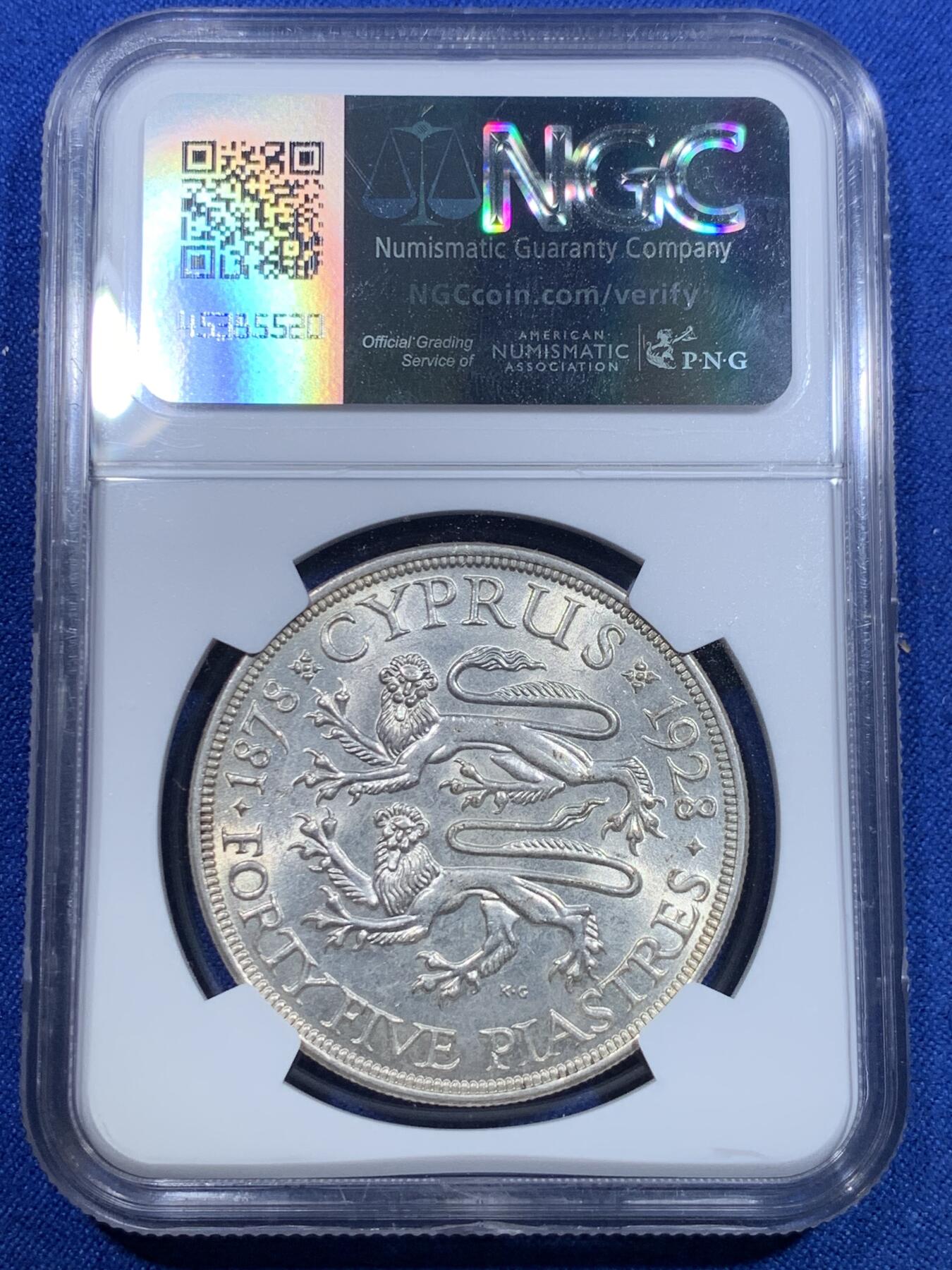 《竞宝斋》第303场   周日，周一 2场连拍 （全场包邮） NGC MS62 英属塞浦路斯1928乔治五世45P银币