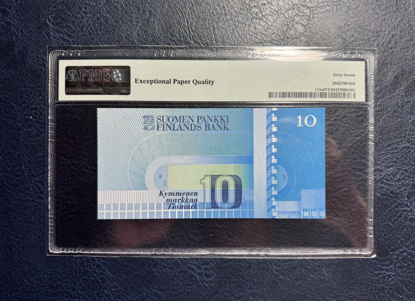 收藏联盟Quantum Auction 第373期拍卖  芬兰1986年10马克 PMG67 不带A的初版 号码无4