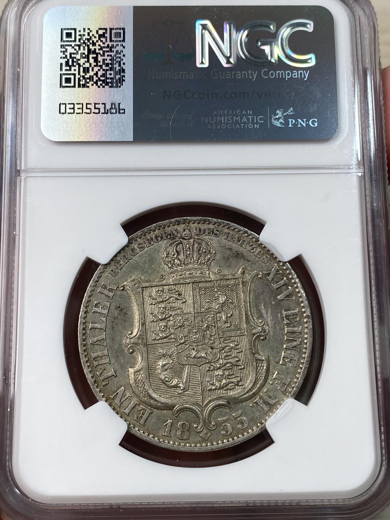万国钱币拍卖第033期 NGC MS62 1855年德国汉诺威矿业祈祷流通1泰勒 英式盾徽为哈慈矿业祈祷 相较狮马少太多