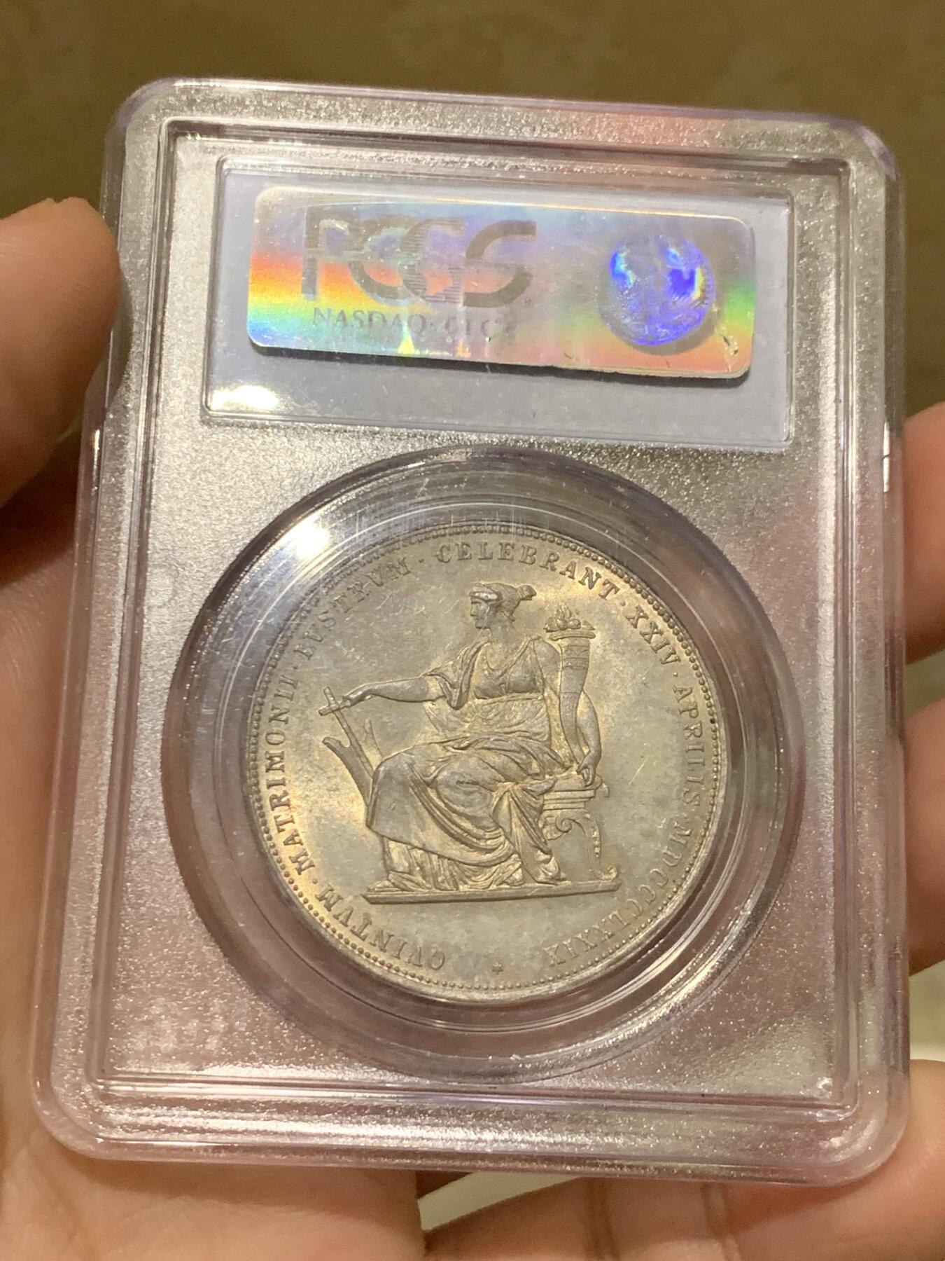 《竞宝斋》第303场   周日，周一 2场连拍 （全场包邮） PCGS MS63 奥地利1879年茜茜公主银婚2福林银币 早期经典小白盒 高分好状态