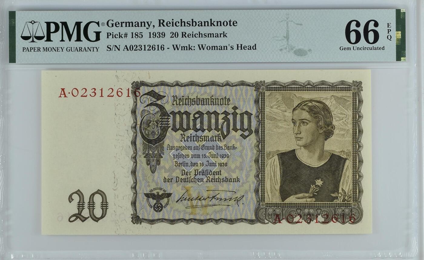 收藏联盟Quantum Auction 第373期拍卖  德国1939年20马克A冠 PMG66 号码无457