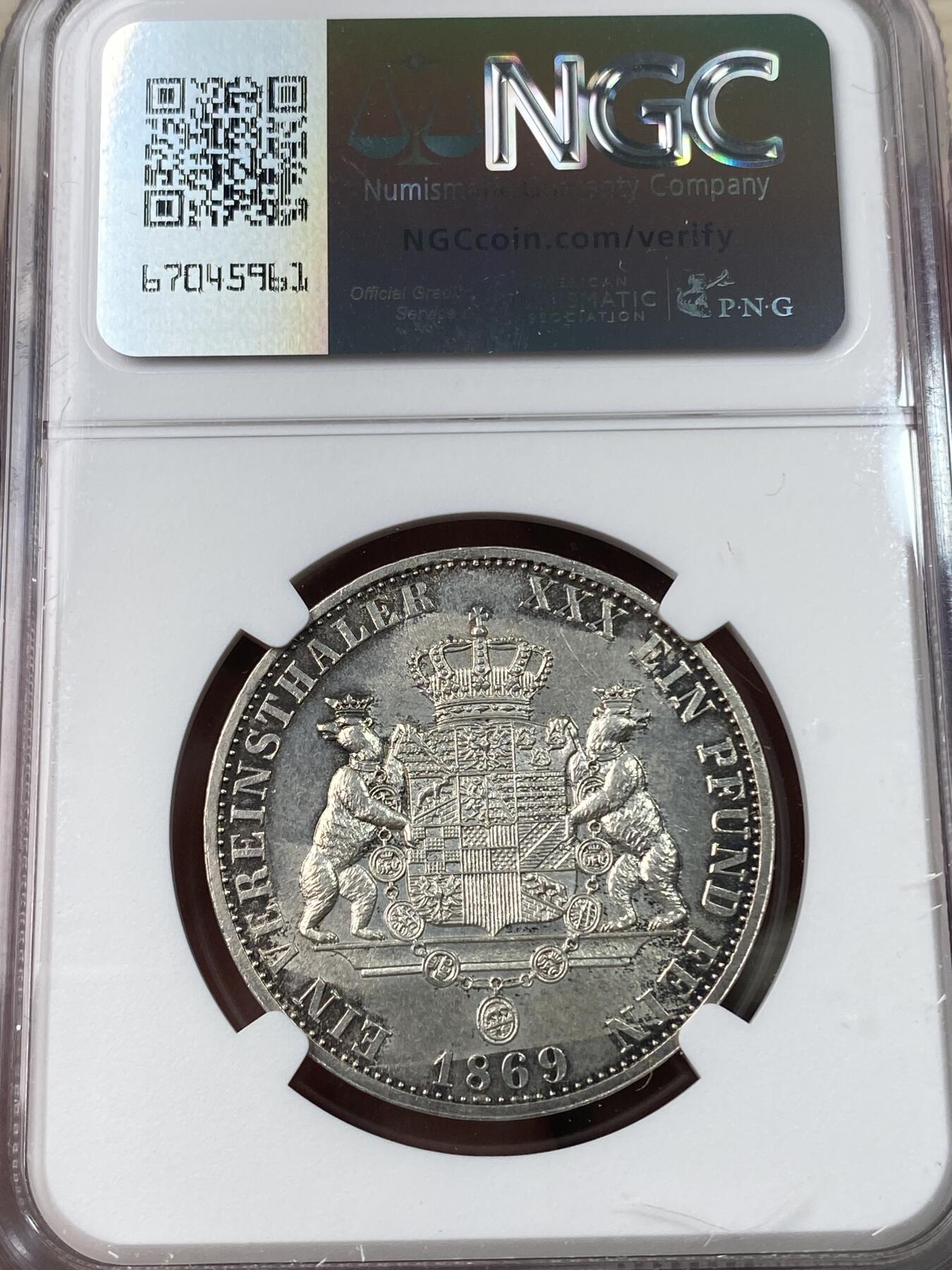 万国钱币拍卖第033期 NGC MS61 1869年德国安哈尔特-德邵双熊流通1泰勒 全熊毛转光 难度品种 属同分中相当能打选手