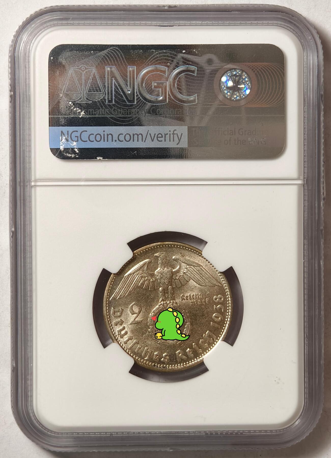 紫瑗钱币——第420期 德国 1938年 B版 兴登堡 字符 2马克 银币 NGC MS62