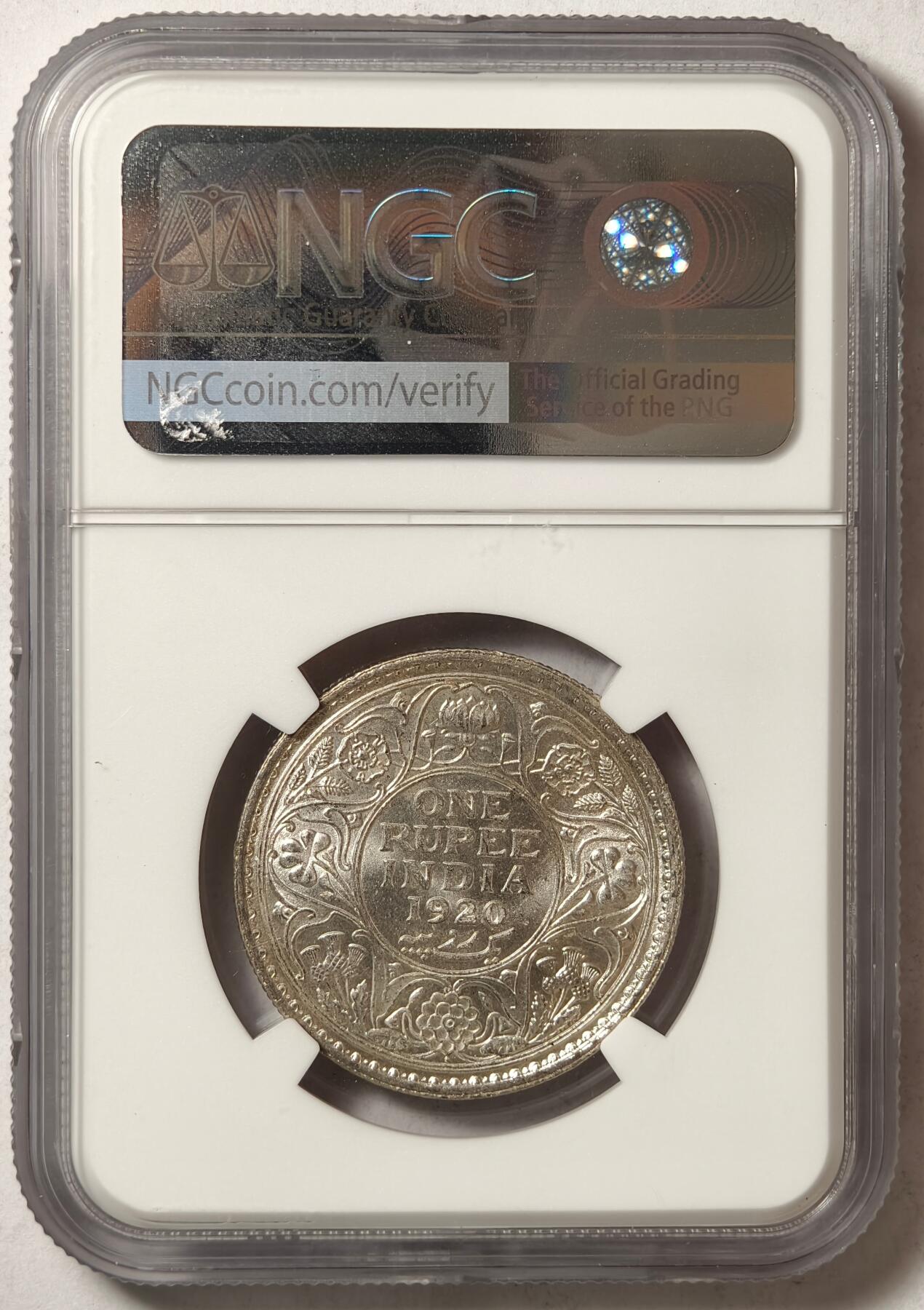 紫瑗钱币——第420期 英属印度  1920年 B版 乔治五世 1卢比 银币 NGC MS60