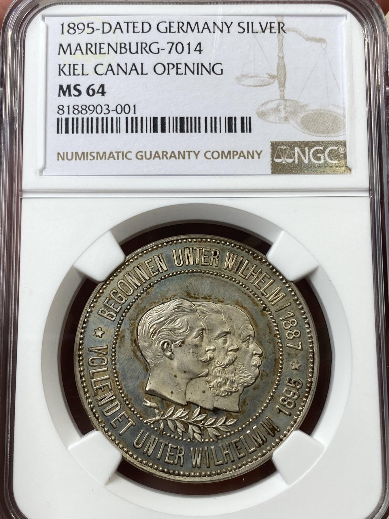万国钱币拍卖第033期 NGC MS64 1895年德国普法战争胜利25周年之际基尔运河通航景观纪念银章 浮雕镜面顶级品相 基尔运河历三皇开通 此运河横贯日德兰半岛 沟通北海与波罗的海 是波罗的海航运的重要军用|民用路线