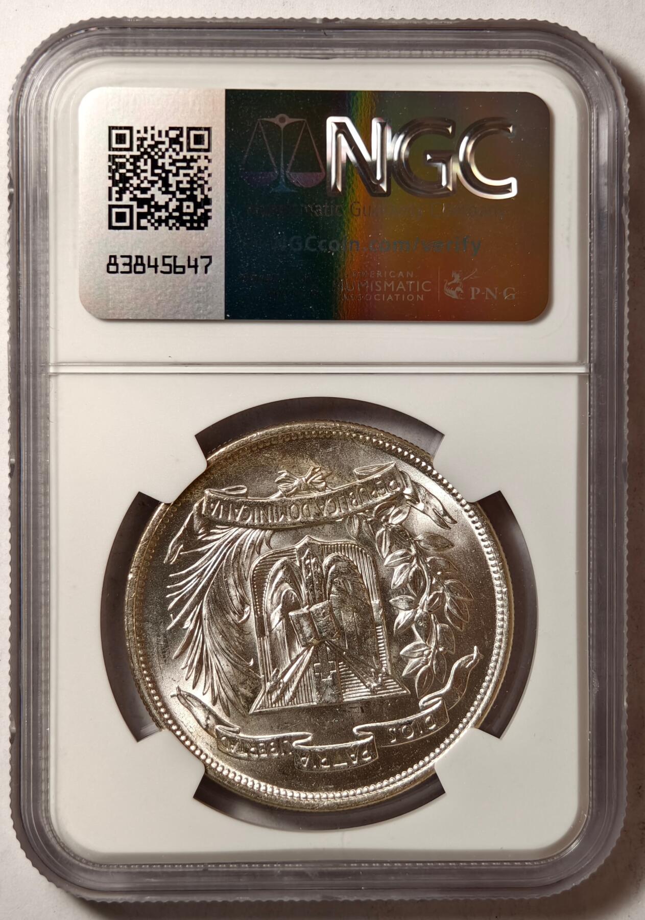 紫瑗钱币——第420期 多米加共和国 1952年 恢复共和国100年纪念币NGC UNC Detail