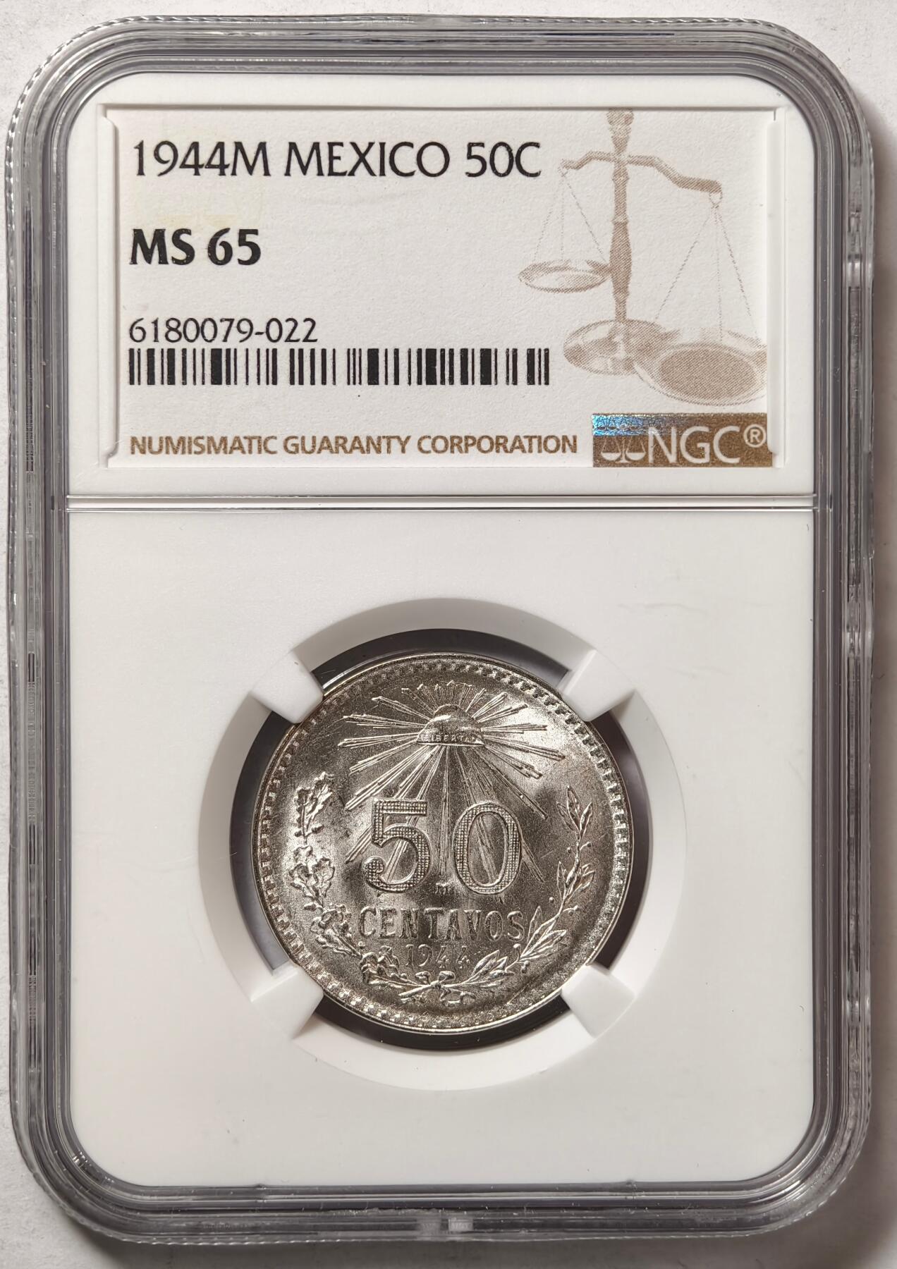 紫瑗钱币——第458期 墨西哥 1944年 M版 鹰洋 50分 银币 NGC MS65