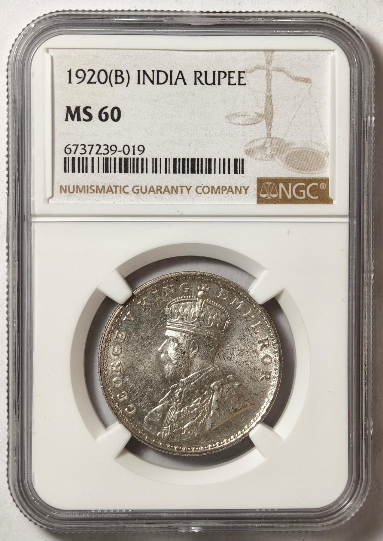 紫瑗钱币——第420期 英属印度  1920年 B版 乔治五世 1卢比 银币 NGC MS60