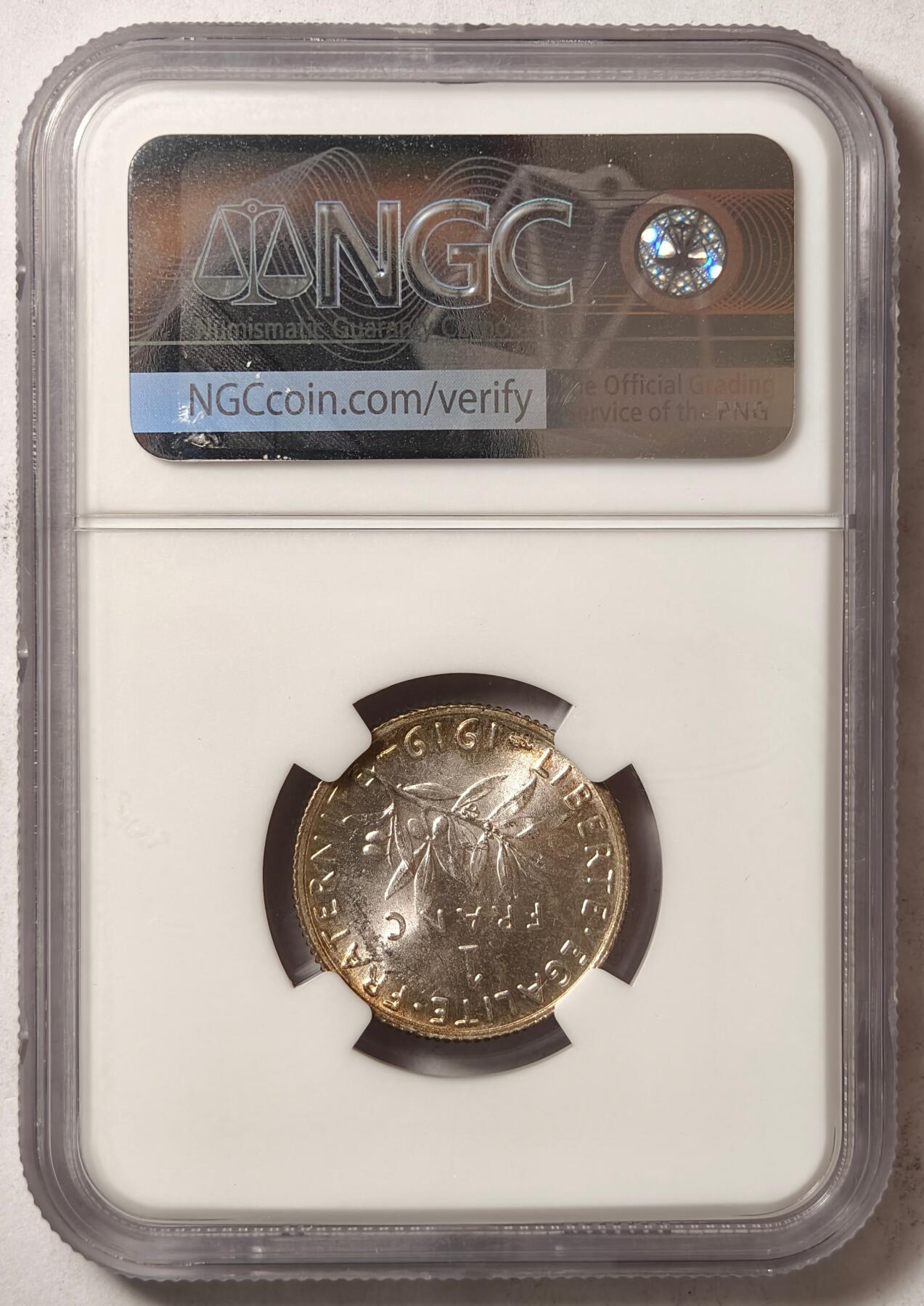 紫瑗钱币——第420期 法国 1919年 播种女神 1法郎 银币 NGC MS62