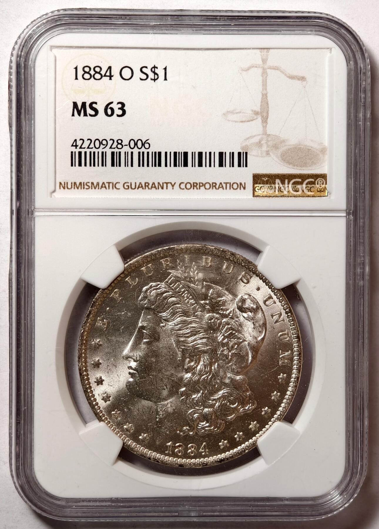 紫瑗钱币——第436期 美国 1884年 O版 摩根 1美元 银币 NGC MS63