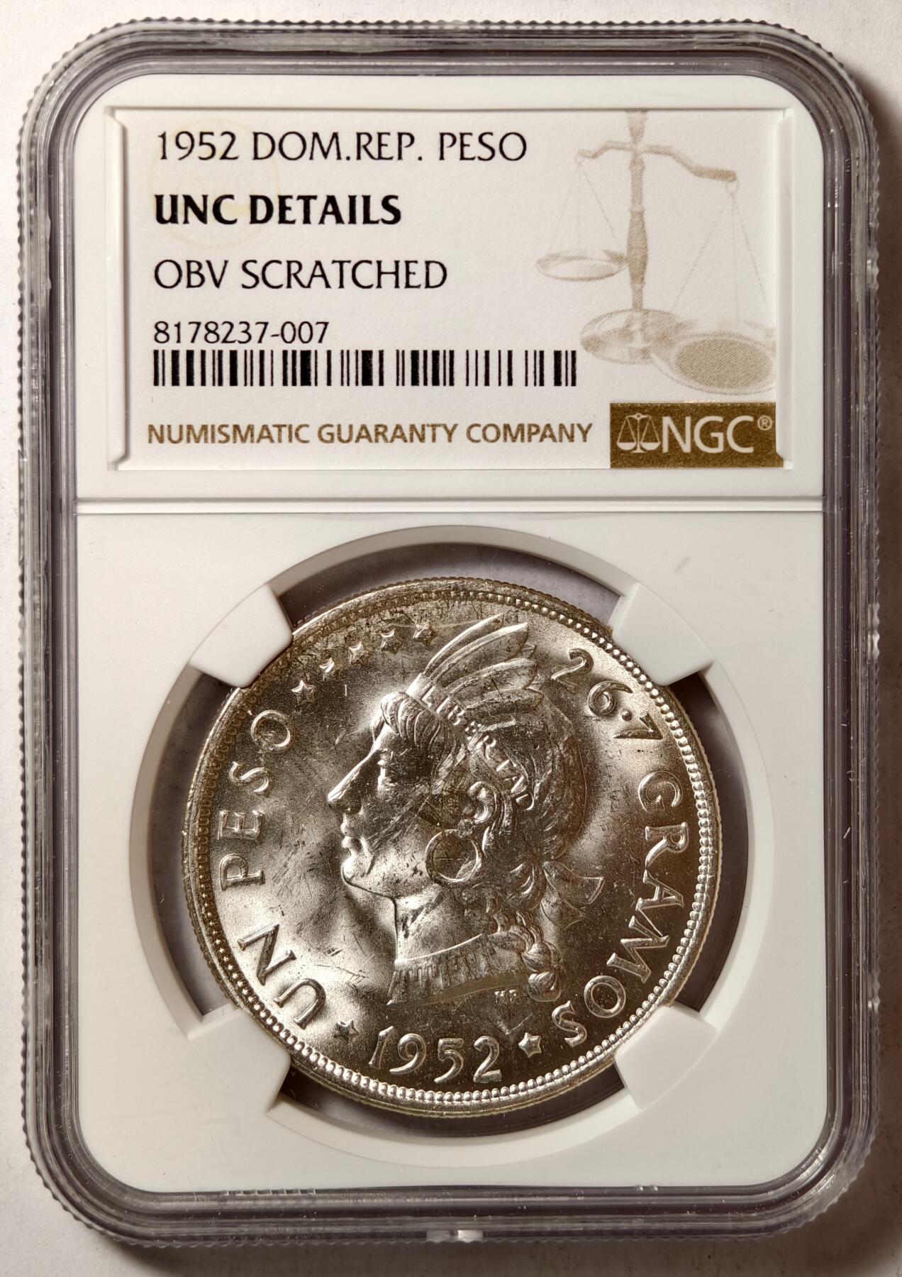 紫瑗钱币——第420期 多米加共和国 1952年 恢复共和国100年纪念币NGC UNC Detail