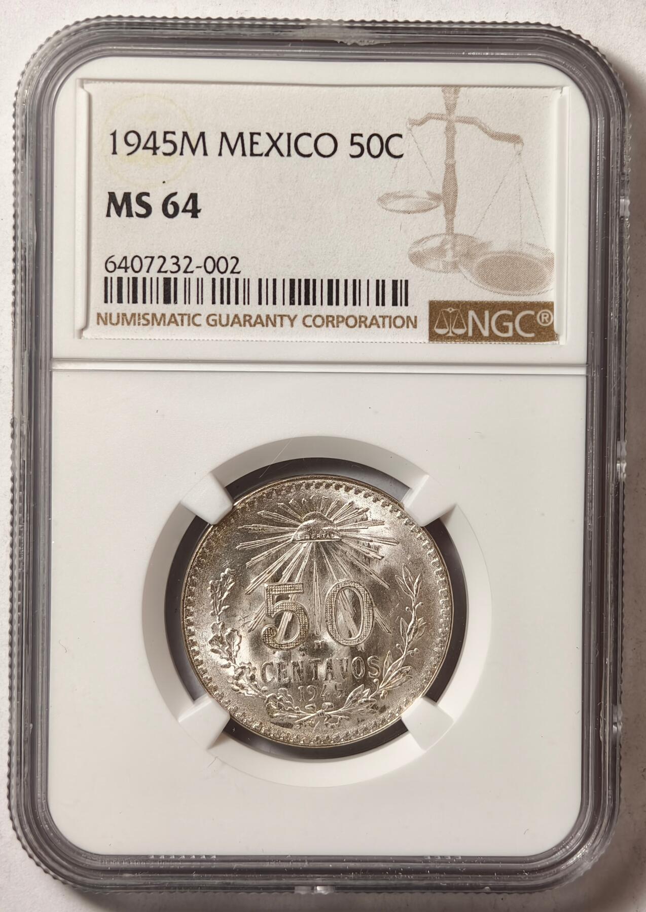 紫瑗钱币——第420期 墨西哥 1945年 M版 鹰洋 50分 银币 NGC MS64