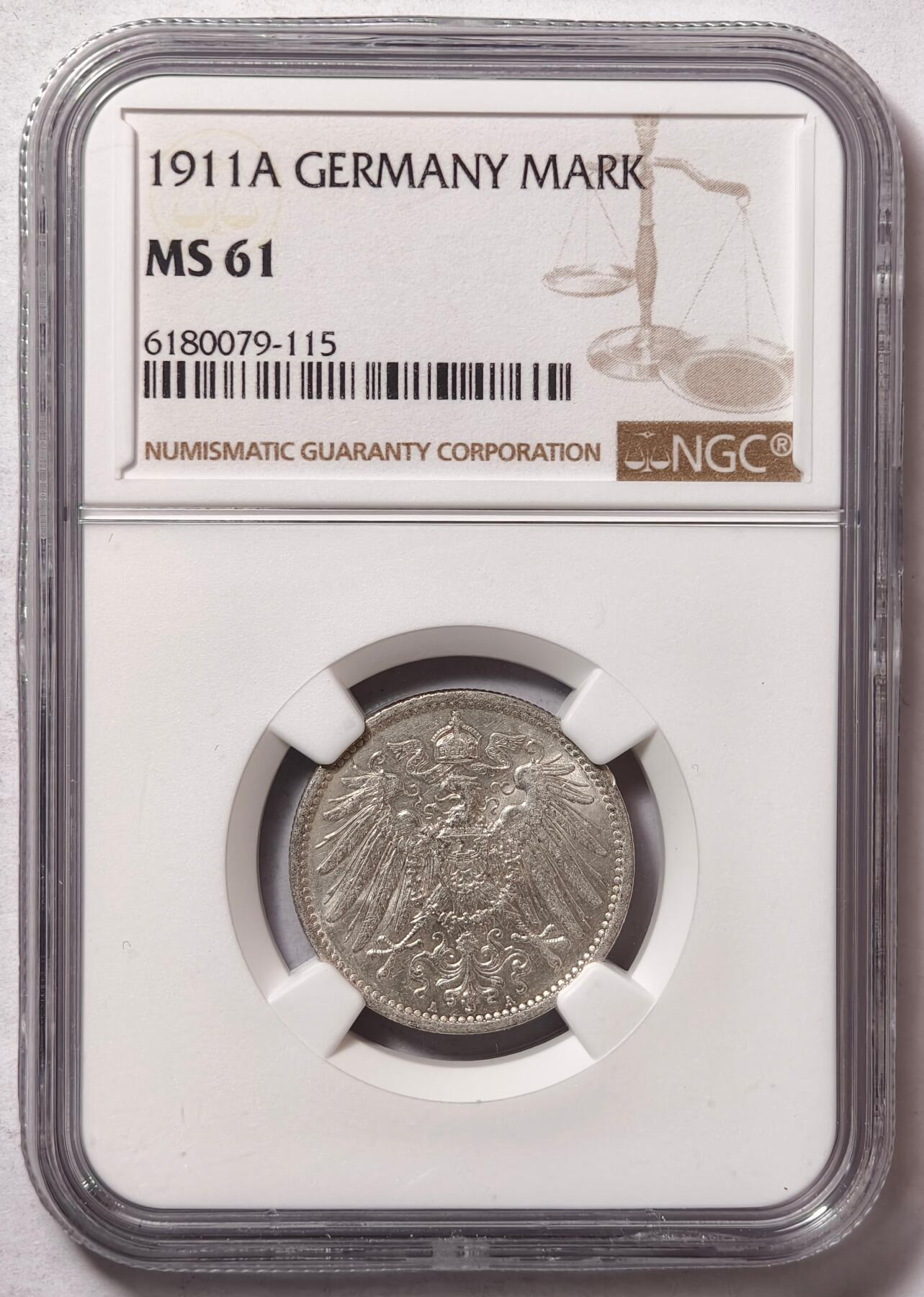 紫瑗钱币——第458期 德国 1911年 A版 第二帝国 长翅 1马克 银币 NGC MS61