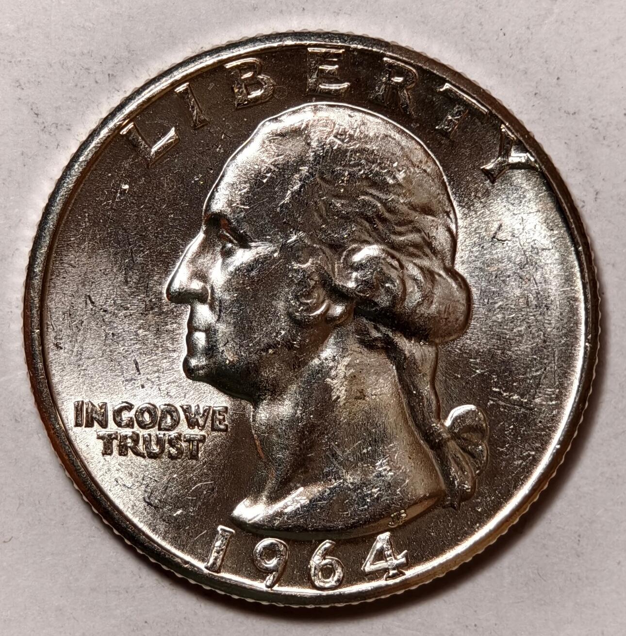 紫瑗钱币——第418期  美国 1964年  华盛顿 25美分 6.25克 0.9银 BU 