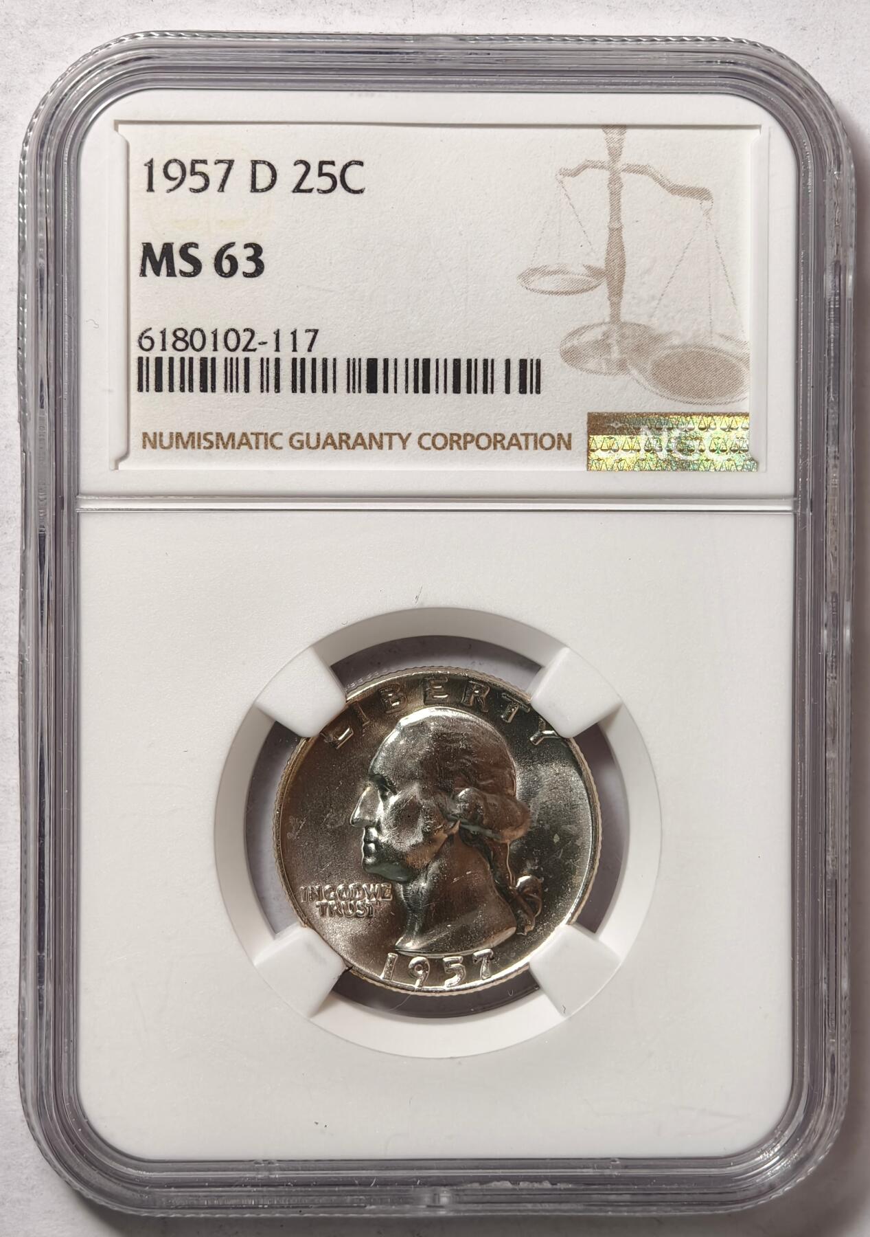 紫瑗钱币——第476期 美国 1957年 D版 华盛顿 25美分 银币 NGC MS63