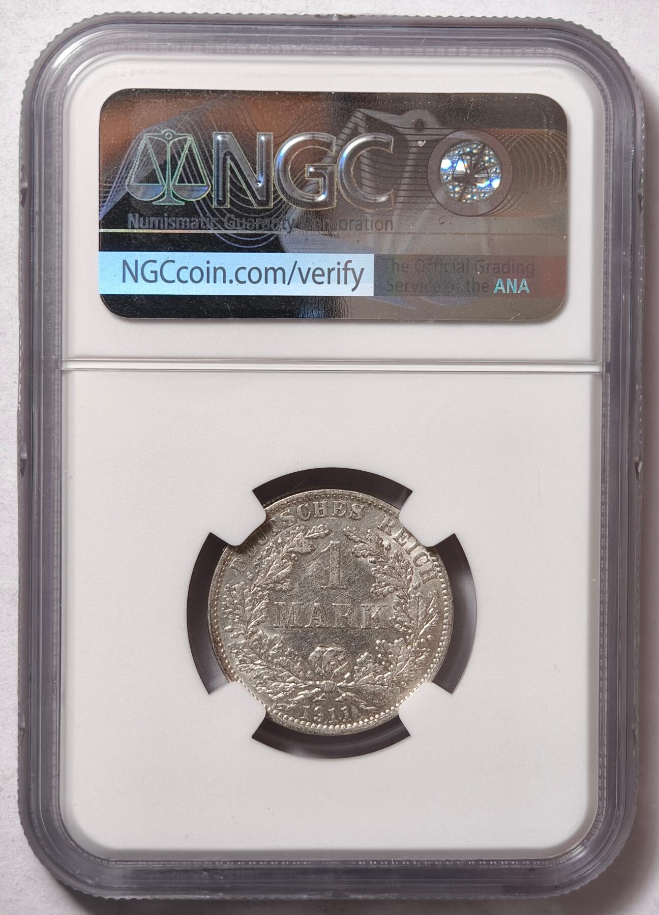 紫瑗钱币——第458期 德国 1911年 A版 第二帝国 长翅 1马克 银币 NGC MS61