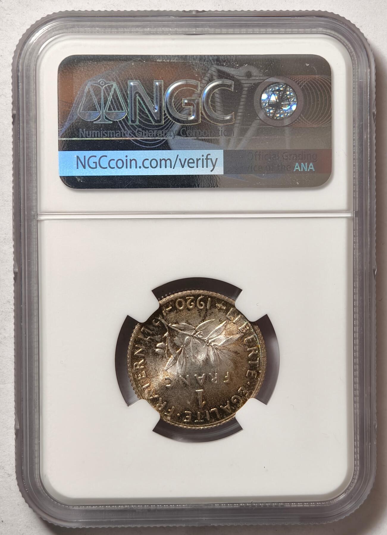 紫瑗钱币——第418期 法国 1920年 播种女神 1法郎 银币 NGC MS64