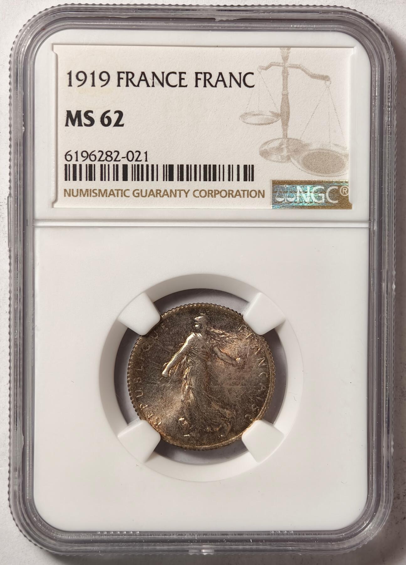 紫瑗钱币——第420期 法国 1919年 播种女神 1法郎 银币 NGC MS62