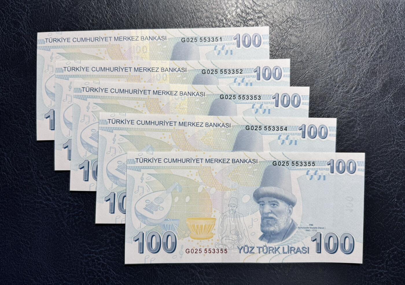收藏联盟Quantum Auction 第373期拍卖  土耳其2009版100里拉五连号 品相全新UNC 音乐家和诗人 伊德里