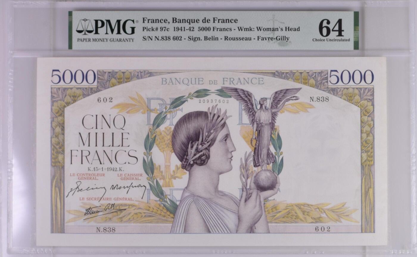 收藏联盟Quantum Auction 第373期拍卖  法国1941-42年5000法郎 PMG64 号码无47 少见c版 胜利女神 超大票幅