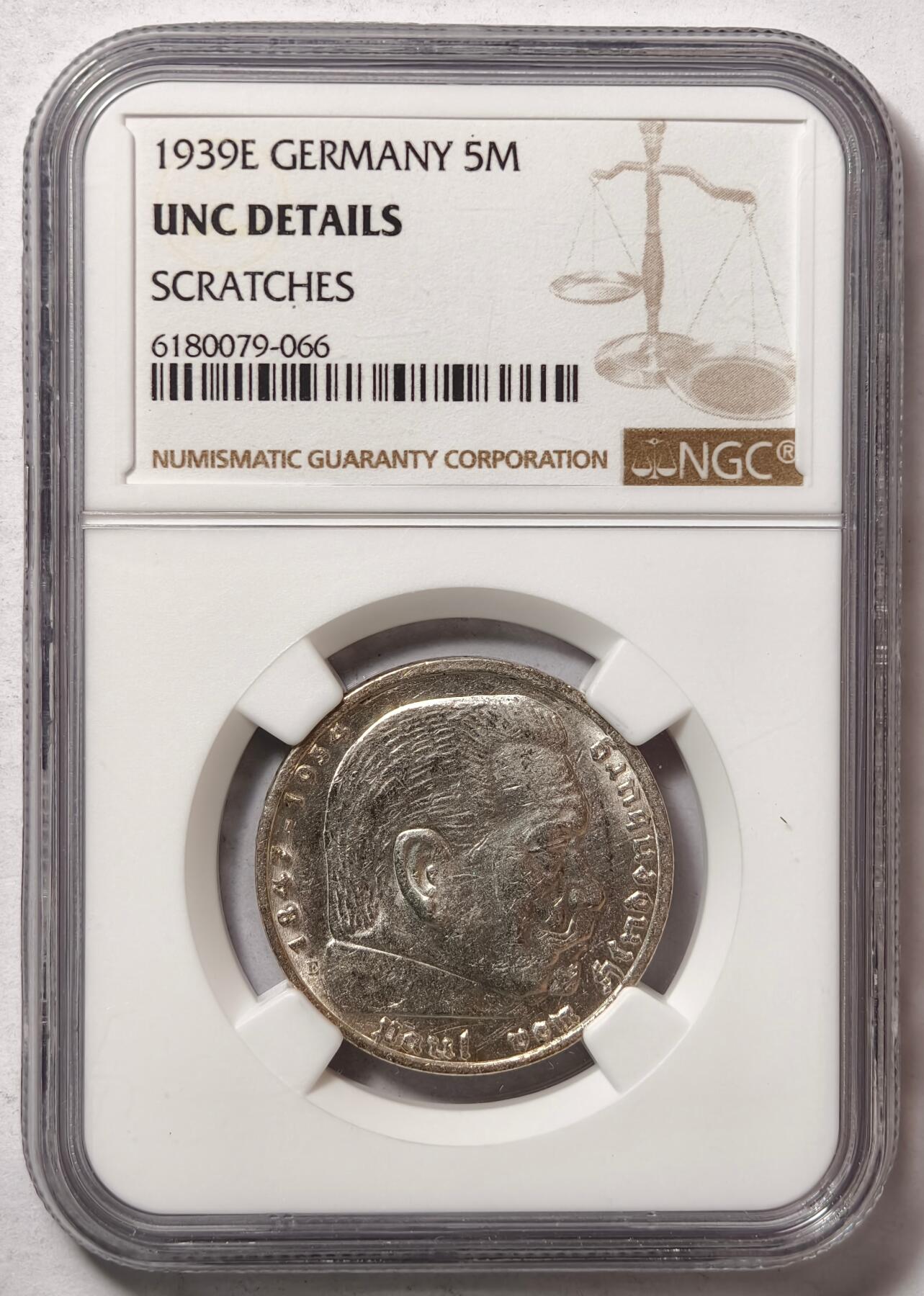 紫瑗钱币——第458期 德国 1939年 E版 兴登堡 字符 5马克 银币 NGC UNC DETAIL 