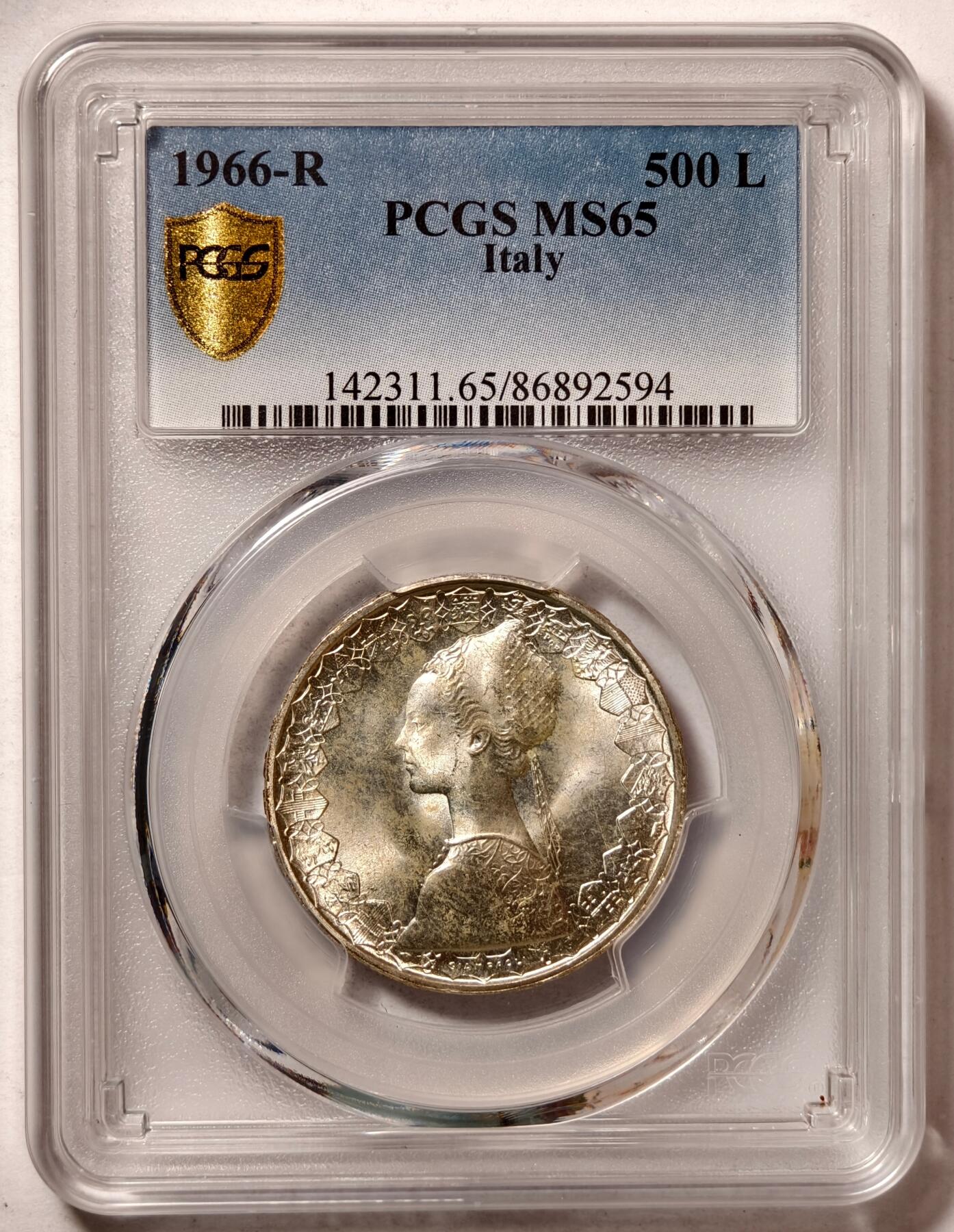 紫瑗钱币——第458期 意大利 1966年 R版 少女与帆船 500里拉 银币 PCGS MS65
