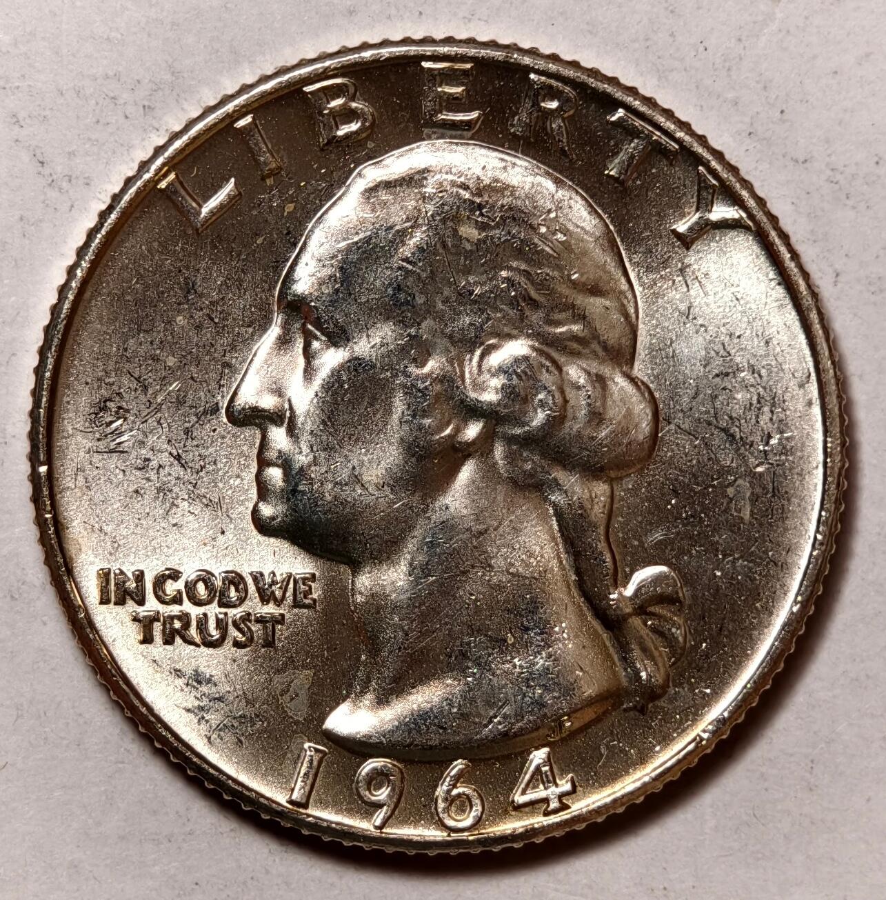 紫瑗钱币——第418期 美国 1964年 华盛顿 25美分 6.25克 0.9银 BU