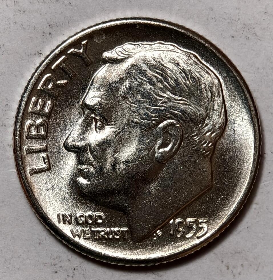 紫瑗钱币——第418期 美国 1955年 D版 罗斯福 10美分 2.5克 0.9银 BU 可评级