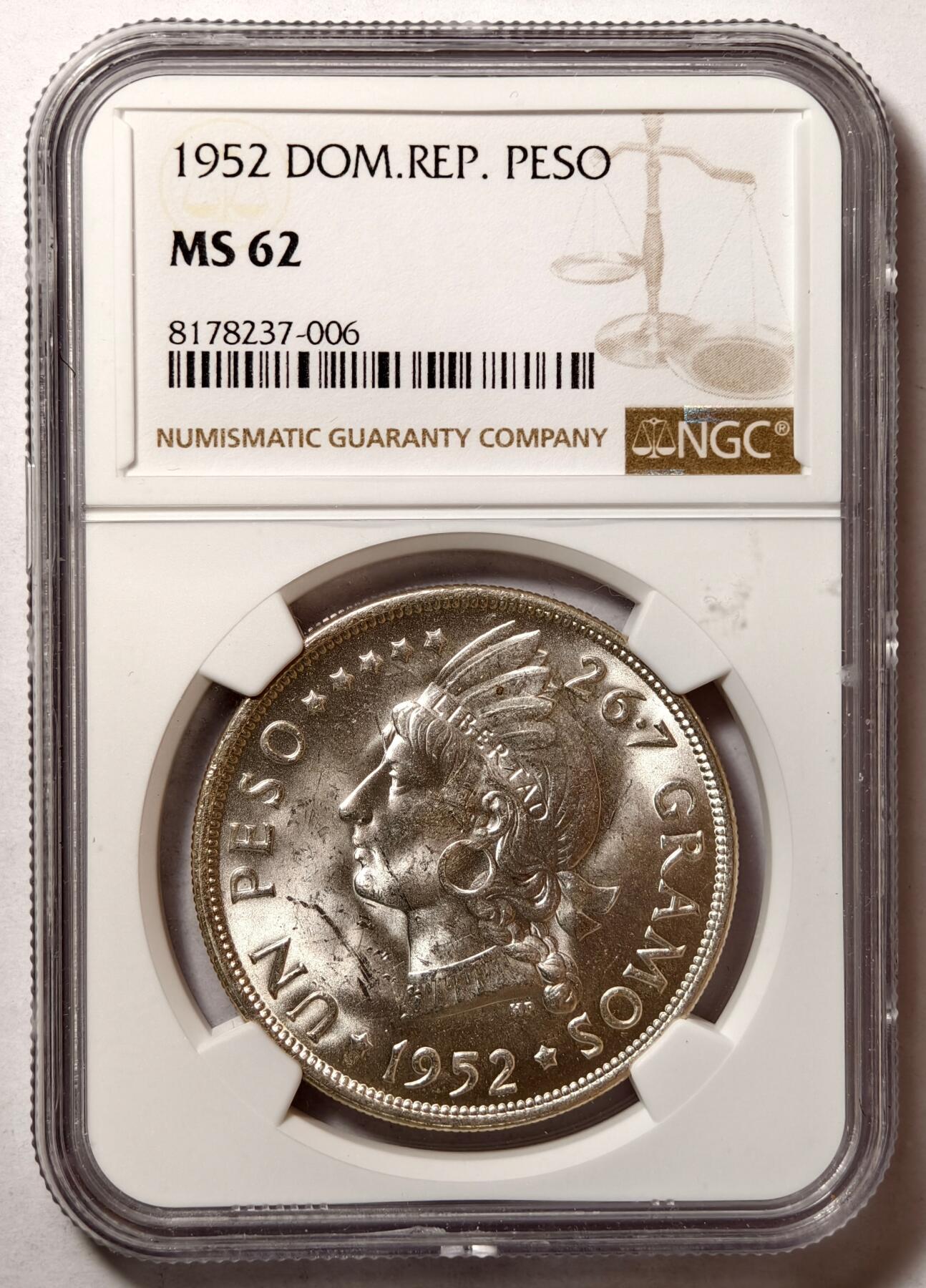 紫瑗钱币——第498期 多米尼加共和国 1952年 恢复共和国100年 纪念币 银币 NGC MS62