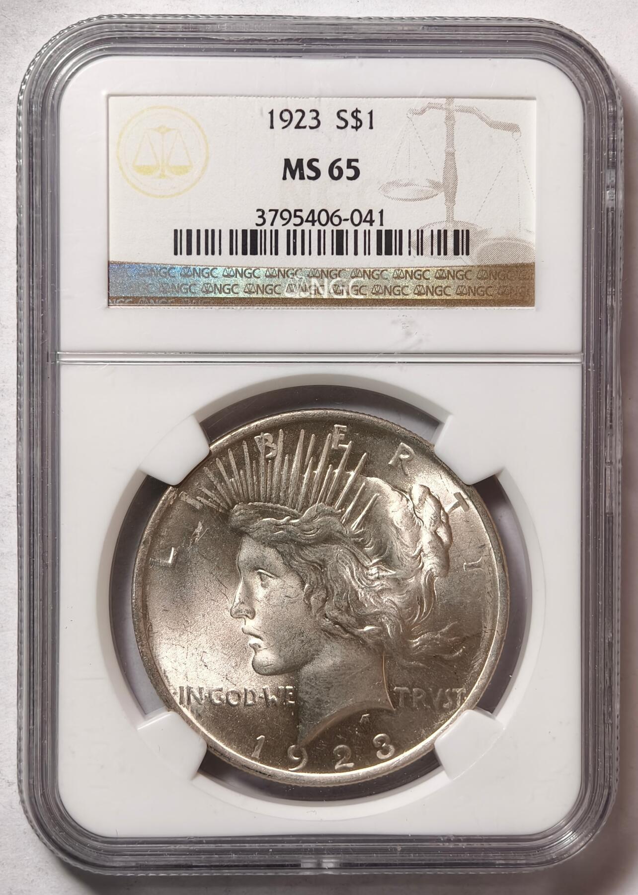 紫瑗钱币——第458期 美国 1923年 S版 和平鸽 1元 银币 NGC MS65 老盒 65难度比摩根高