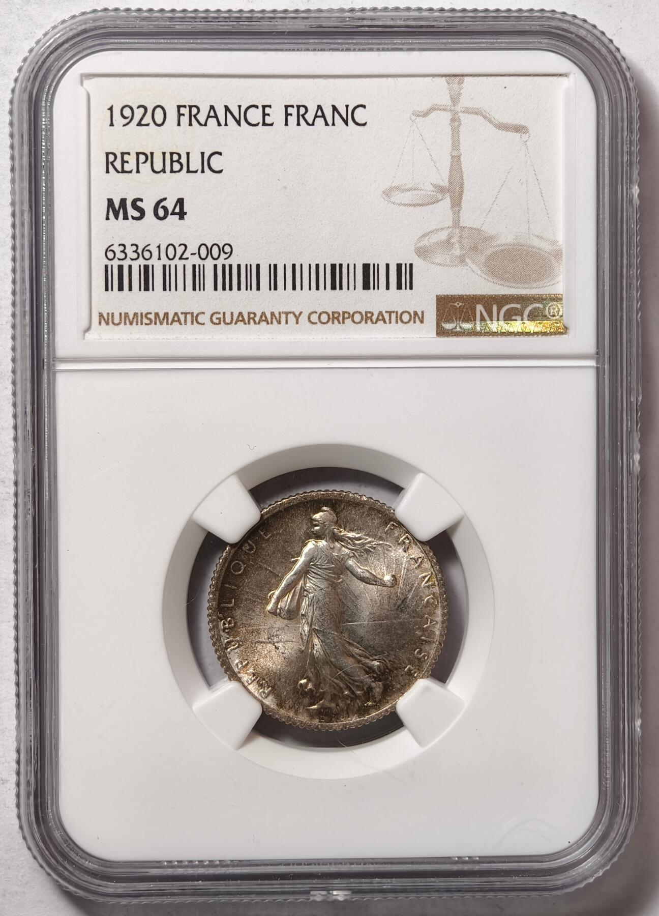 紫瑗钱币——第418期 法国 1920年 播种女神 1法郎 银币 NGC MS64