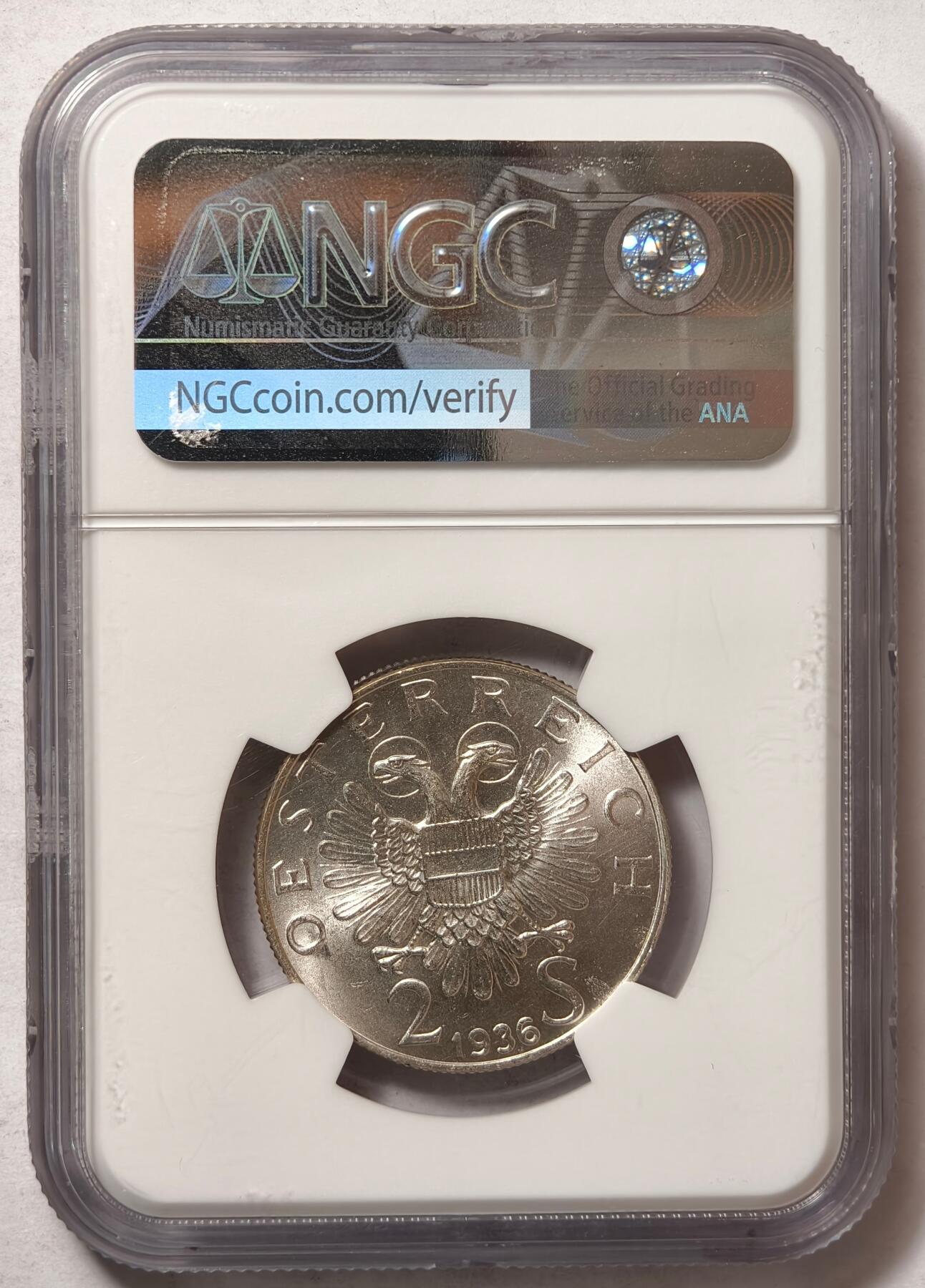 紫瑗钱币——第476期 奥地利 1936年 萨沃伊王子 2先令 银币 NGC MS63