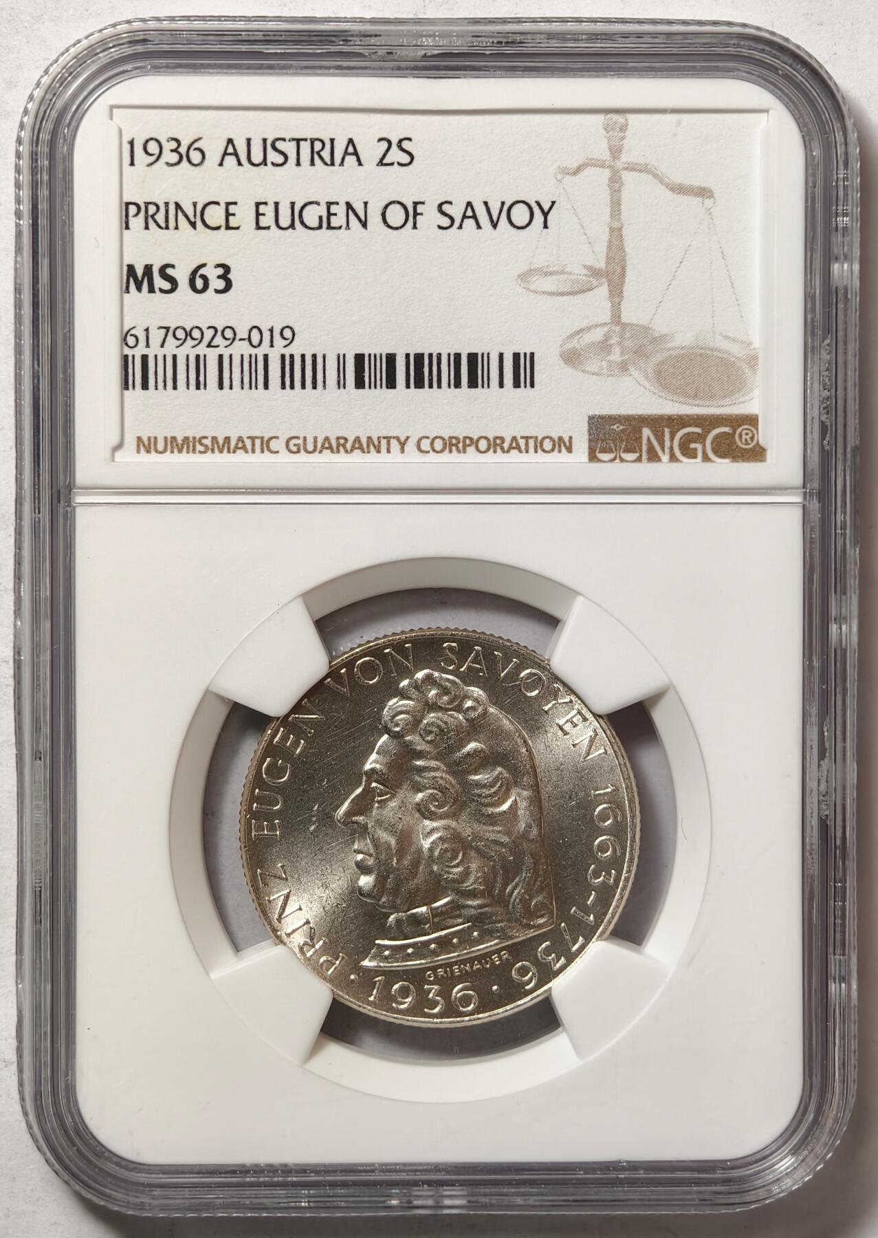 紫瑗钱币——第476期 奥地利 1936年 萨沃伊王子 2先令 银币 NGC MS63