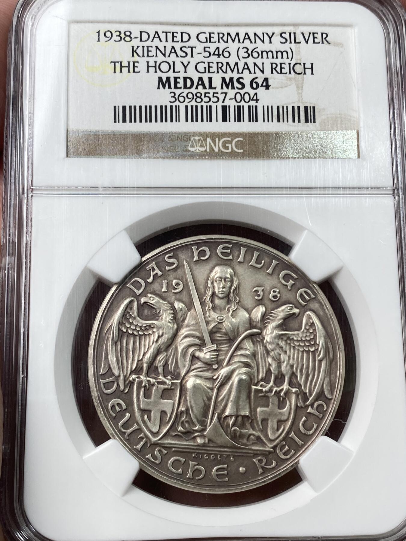 万国钱币拍卖第033期 NGC MS64 1938年德国民族社会主义工人党神圣德意志帝国大一统纪念银章 万字盾徽环绕日耳曼尼娅 哥茨名誉品种N记老盒