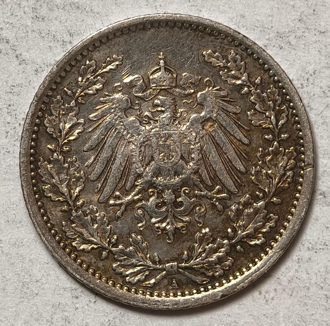 紫瑗钱币——第436期 德国 1917年 A版 第二帝国 1/2马克 银币 2.77克 0.9银