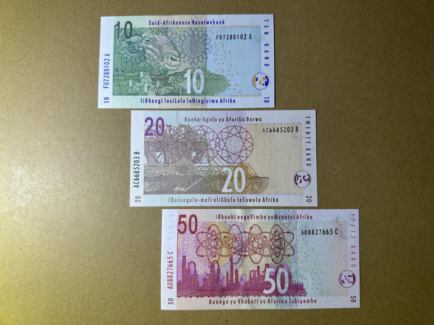 《张总收藏》166期-周日外币精品 南非10、20、50兰特3张 UNC 2005年 全程无4
