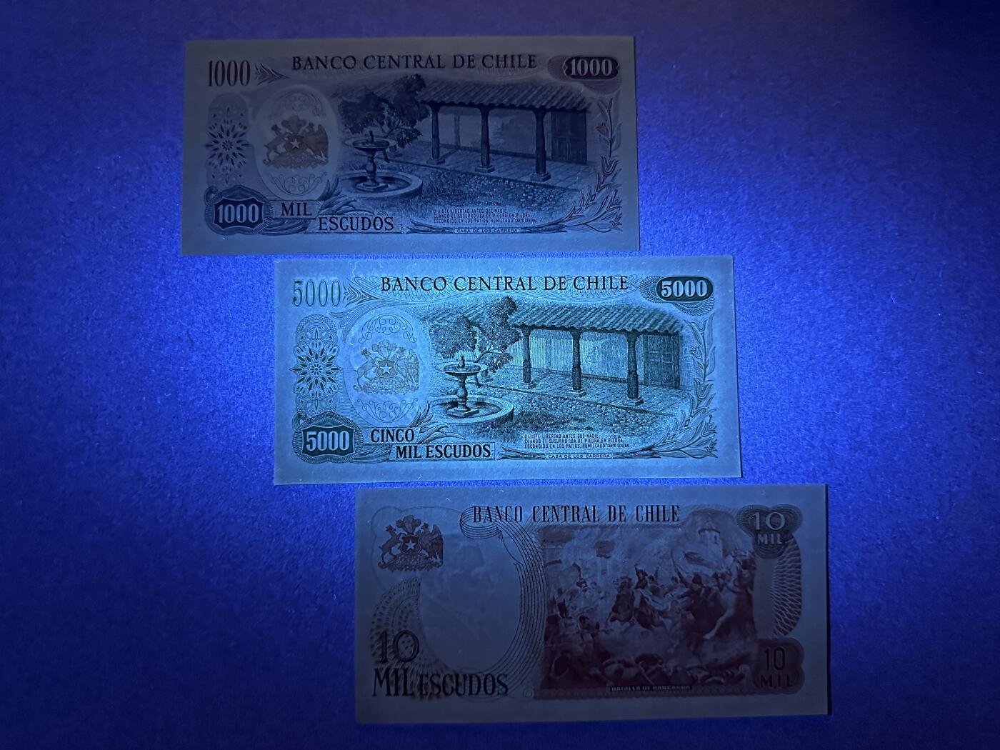 《张总收藏》166期-周日外币精品 智利1000、5000、10000埃斯库多3张 UNC 1967-1976年版