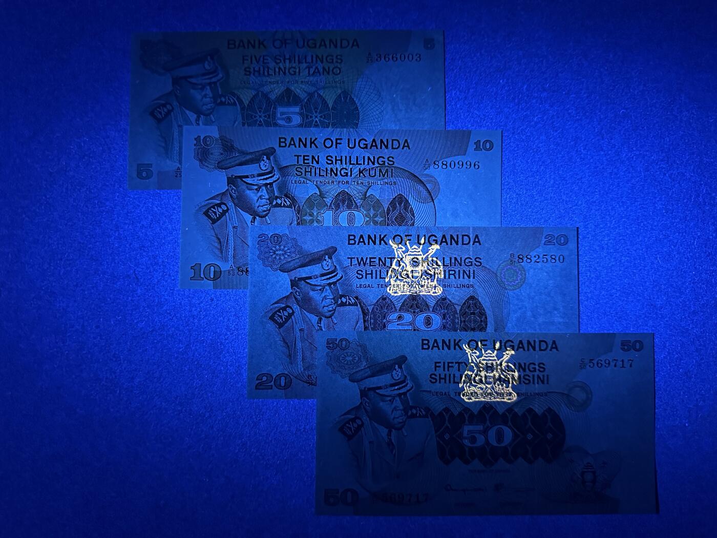 《张总收藏》166期-周日外币精品 乌干达5、10、20、50先令4张 UNC 1977年 全程无4