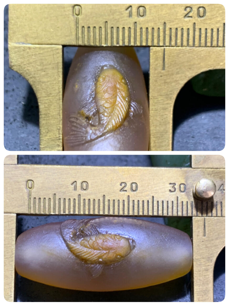 精美亚光高玉化巴西玛瑙手工俏色巧雕锦鲤随形桶珠一个