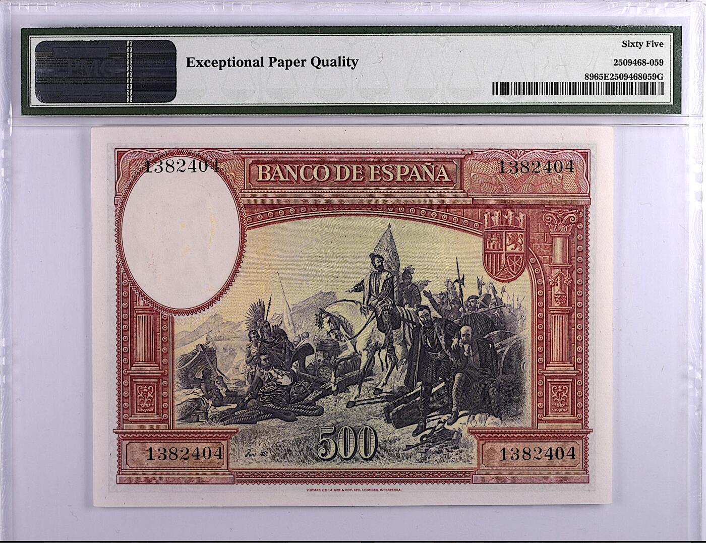 《张总收藏》166期-周日外币精品 西班牙500比塞塔 PMG65E 1935年 西班牙探险家和大殖民者科尔特斯 大票幅 严评老壳子 裸币收藏剪壳首选