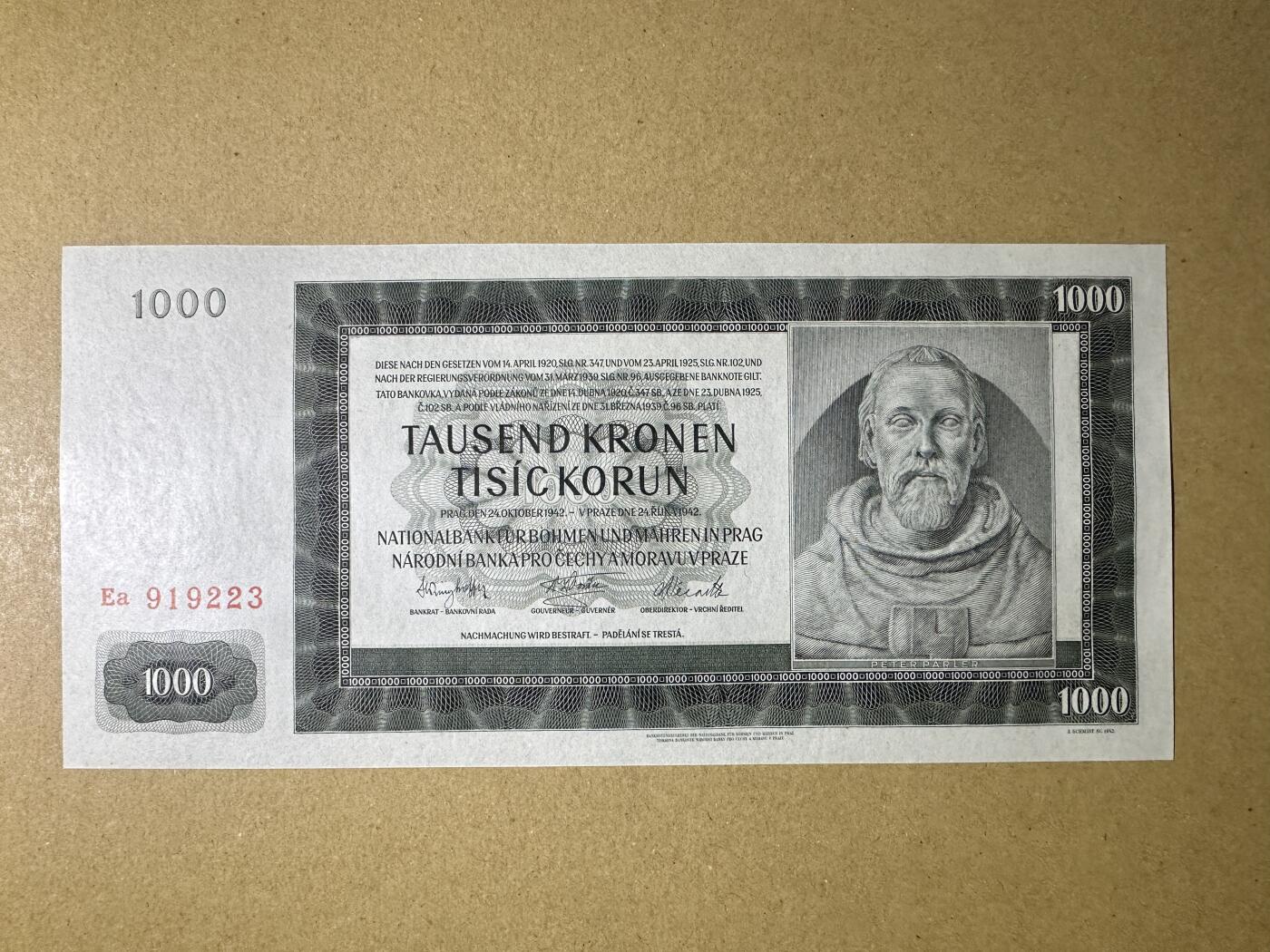 《张总收藏》166期-周日外币精品 波西米亚与摩拉维亚1000克朗 UNC 1942年版 捷克前身 实票 无针孔 无47