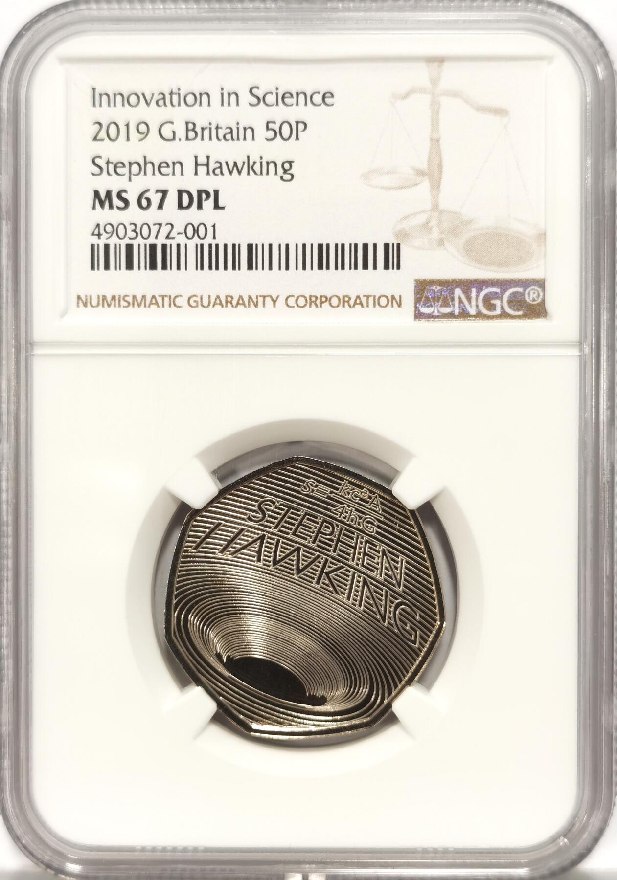 博洋堂世界钱币拍卖第090期（全场包邮） NGC MS67DPL 英国2019年国际科学纪念，斯蒂芬霍金—“黑洞”精制七边形纪念币