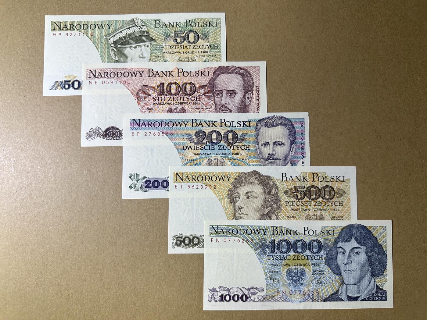 《张总收藏》166期-周日外币精品 波兰50-1000兹罗提5张 UNC 1982-1988年 全程无4