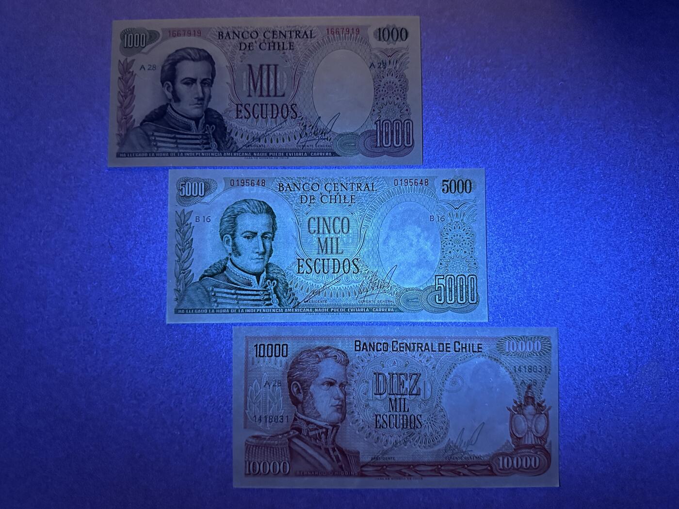 《张总收藏》166期-周日外币精品 智利1000、5000、10000埃斯库多3张 UNC 1967-1976年版
