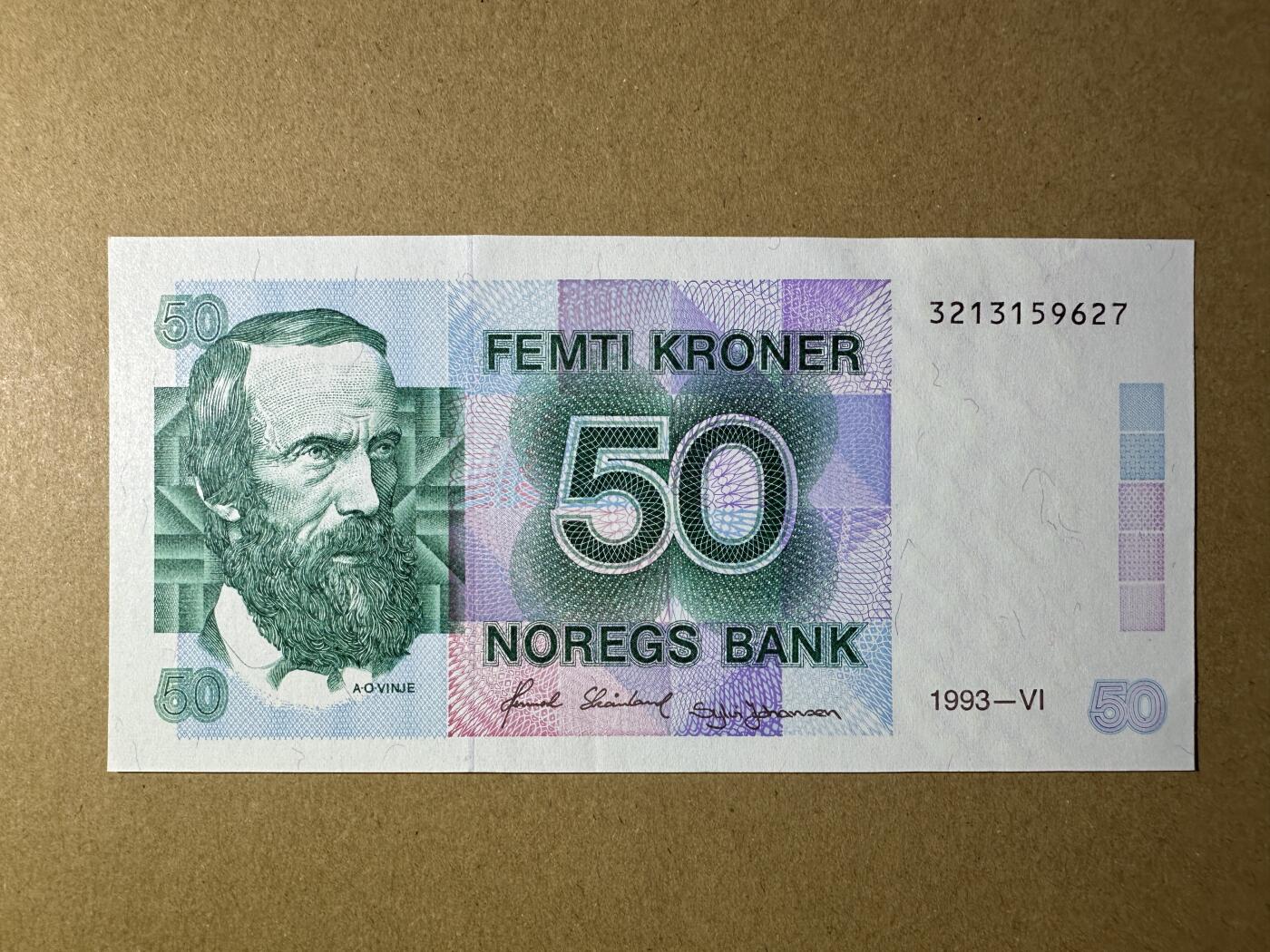 《张总收藏》166期-周日外币精品 挪威50克朗 UNC 1993年 挪威诗人文耶 无4