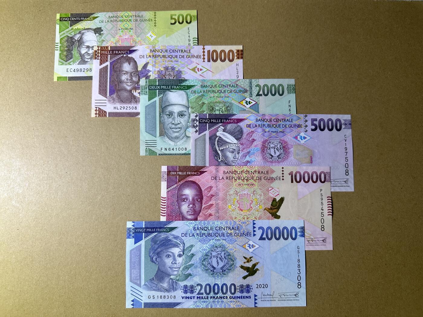 《张总收藏》166期-周日外币精品 几内亚500-20000法郎6张 UNC 2018-2022年版大全套 全部尾8
