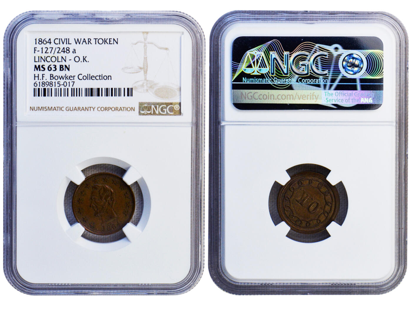 冠军2024年9月上海拍卖 1864年美国内战LINCOLN-O.K.铜质代币，F-127/248a，NGC MS 63 BN，H.F. Bowker藏品
