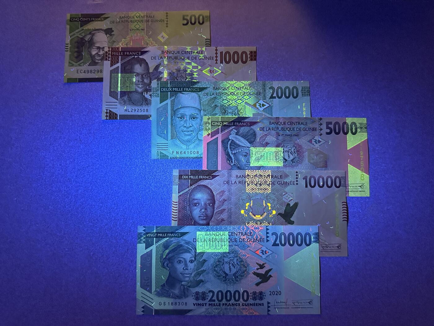 《张总收藏》166期-周日外币精品 几内亚500-20000法郎6张 UNC 2018-2022年版大全套 全部尾8